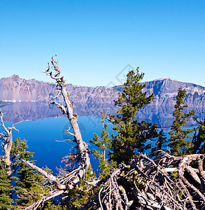 克拉鼠湖森林火山公园火山口风景蓝色树木陨石生态反射图片