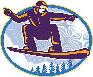 拥有雪板回转式滑雪机的滑雪运动员冲浪者滑雪板插图艺术品骑士运动雪者木板旋转单板图片