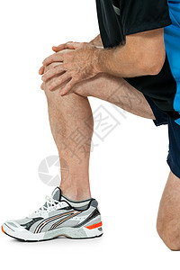 身穿运动服的成年有吸引力男子膝膝痛伤保健肌肉痛苦症状疾病伤害事故运动护膝肌腱图片