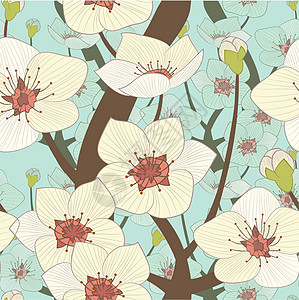 开花的树季节花园蓝色插图绘画装饰樱花文化墙纸织物图片