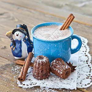 热巧克力加小蛋糕正方形肉桂装饰品巧克力杯子雪人蓝色棉花糖星星星形图片