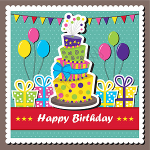 生日卡片 夹着破碎的蛋糕气球剪贴簿卡通片贴纸派对庆典礼物蓝色紫色标签图片