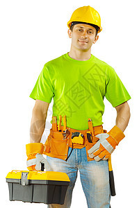 工人持有工具箱木匠修理工作承包商微笑蓝色安全帽男人双臂建筑图片