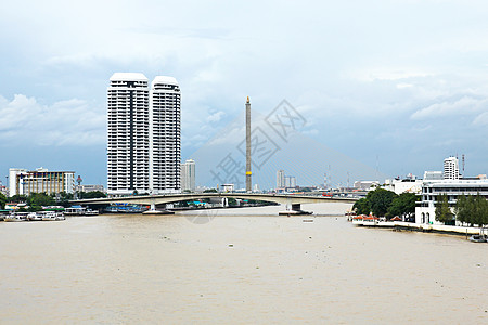 曼谷市与Chao Phraya河的空中透视运输市中心首都建筑交通城市地标天空景观旅行图片