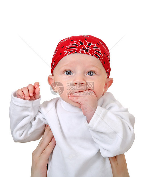 头巾中的婴儿男孩眼睛男生手指宝贝童年儿子男性惊喜惊愕金发图片