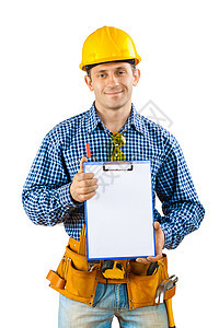 工人持有剪贴板头盔牛仔布护目镜钥匙男性工程师建造家装工具男人图片
