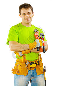 工人持有工具防护承包商修理工家装技术员蓝色木匠领班微笑工作服图片