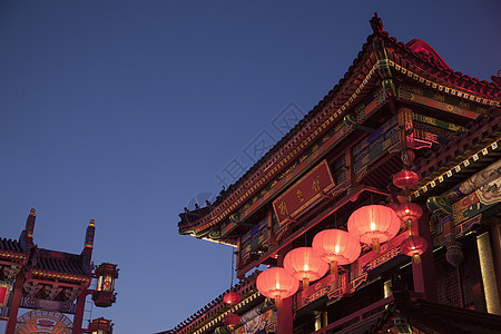中国北京夜间照明的中国传统建筑 校对 Portnoy水平灯笼天空外观文化低角度视图摄影图片