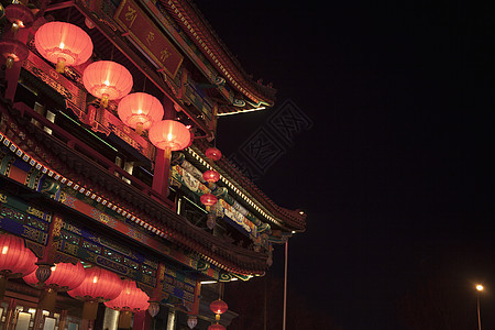 中国传统建筑在夜间照亮在北京 中国文化摄影低角度灯笼天空视图水平外观图片