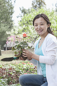 妇女种植花朵的肖像图片