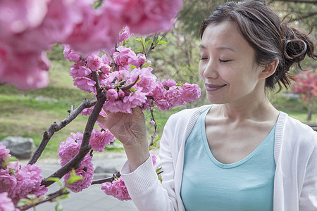 女人闻着樱花的香味 眼睛闭着图片