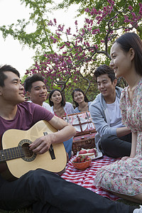 六六个朋友野餐 在公园里闲逛 弹吉他和聊天幸福乐器社区篮子文化音乐年轻人女性服装毯子图片