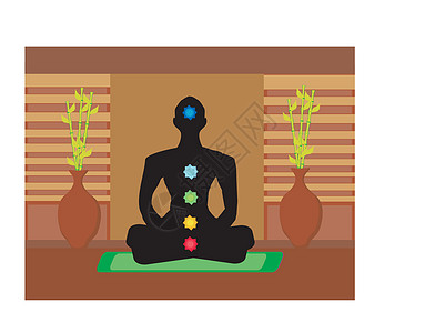 瑜伽莲的姿势 有彩色查克拉点的帕德马萨纳精神活力放松身体插图光环瑜珈竹子康复瑜伽图片