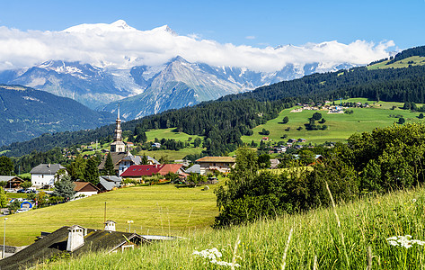 混合村和勃朗峰Mont Blanc牧场房屋高度草原顶点图片