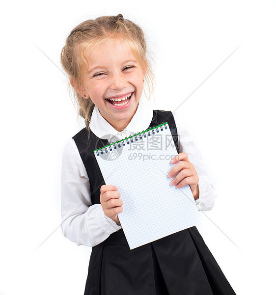 带笔记本的女中学生女性工作室卡片展示微笑广告快乐床单木板广告牌图片