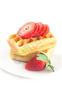 比利时的华夫饼和草莓在一块盘子上食物早餐环境水果饼干糕点面包午餐美食晶圆图片
