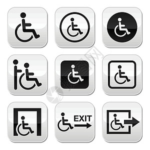 男子乘坐轮椅 残疾人 紧急出口按钮图片