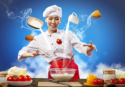 亚洲女性用魔法烹饪沙拉围裙帽子空气女士饮食食物魅力胡椒牛奶图片