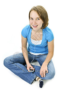 女孩听音乐的少女玩家青年乐趣女性音乐娱乐耳塞立体声孩子青少年图片