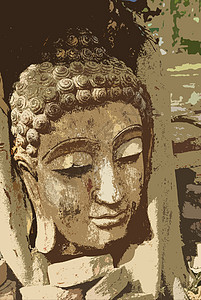 古老的佛教头在泰国根植班扬树历史祷告雕塑文化古董城市宗教建筑学艺术纪念碑图片