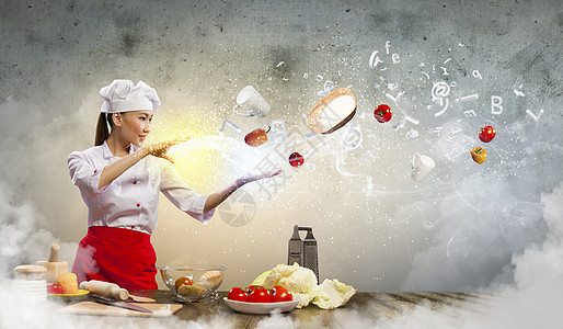 亚洲女性用魔法烹饪魔术师魅力空气女孩女士沙拉成人蔬菜杯子饮食图片