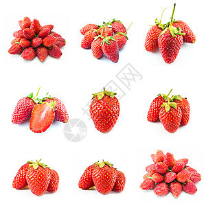 白色背景上的草莓集食物水果收藏绿色红色团体浆果叶子图片