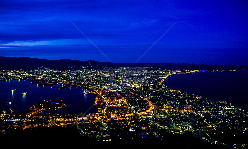 日本Hakodate的美丽景象7电缆游客港口日落天空旅行魔法紫色时刻全景图片