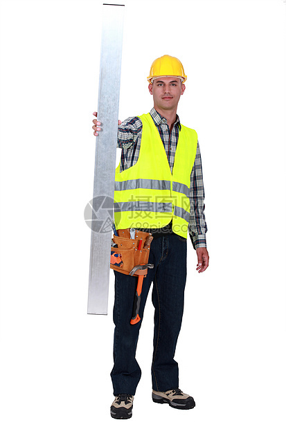 商务人士拿着钢制螺旋套白色知名度建设者安全衣领零售商工人黄色背心条纹图片