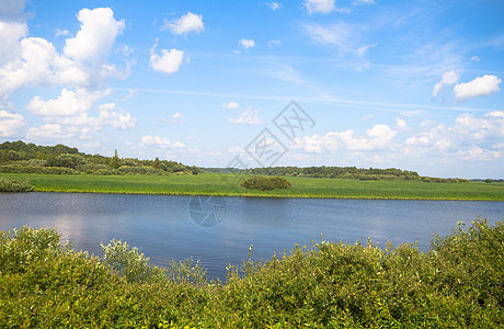 夏季河生活反射草地镜子蓝色海滩水库全景墙纸天空图片