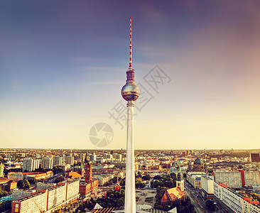 德国柏林Tv塔或Fersehturm吸引力游客旅游天线太阳日落天空蓝色建筑学地标图片