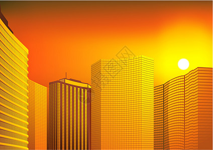 摩天大楼建筑学日出插图城市办公室天空建筑太阳红色天际插画