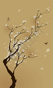 日本春东方风格的绘画 春花花复古花卉梅花文化叶子幸福插图生长图案金子插画