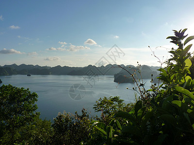 著名的哈隆湾岩石遗产海洋海湾海景游客石灰石天空巡航旗帜图片