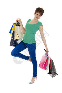 购物欢呼喜悦购物袋白色学生快乐消费者幸福销售零售图片