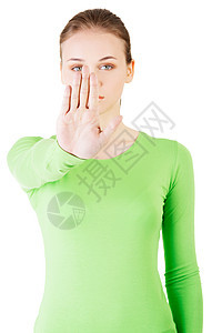 等一等 年轻女子的手势停止危险美女命令棕榈女性成人戏剧性挑战手指信号图片