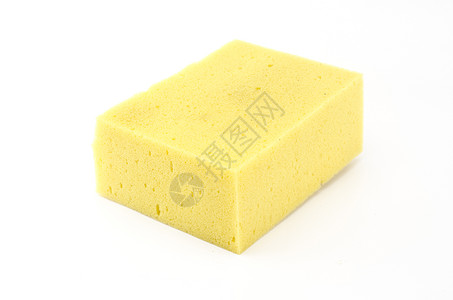 白背景孤立的黄色家用黄海绵擦洗浸泡厨具泡沫家庭厨房工具肥皂清洁工气泡图片