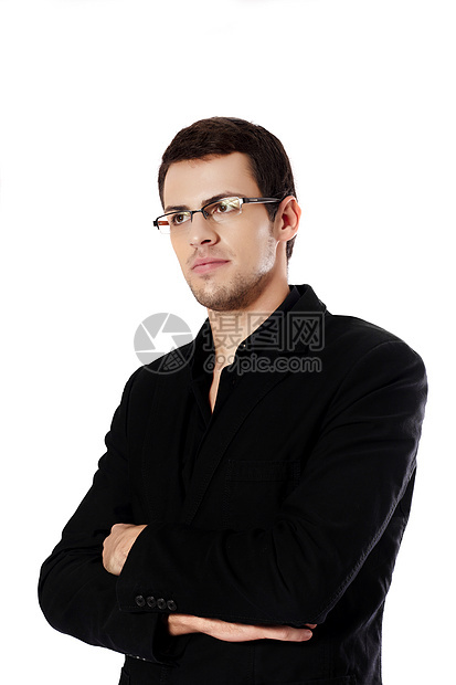 白人青年男子白色姿势男人衣服工作室男性眼镜成人图片