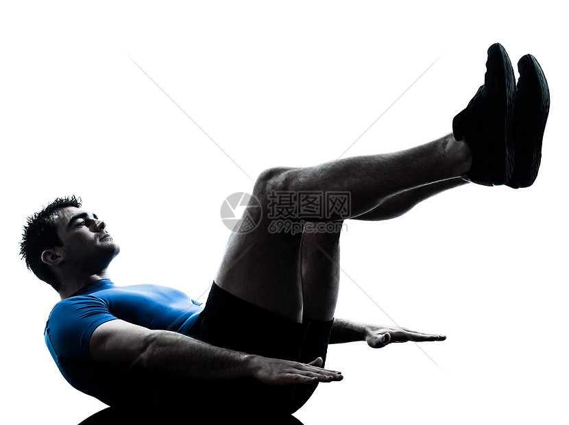 体操锻健的男子白色双腿姿势健身运动仰卧起坐腹肌健美锻炼体操图片