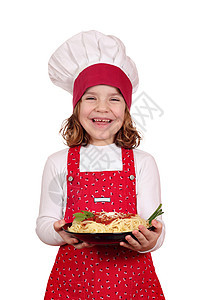 美丽快乐的小女孩 用意大利面做饭图片