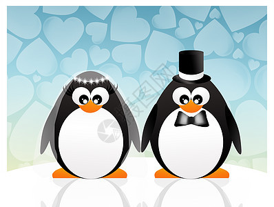 相爱的企鹅夫妻邀请函男性冰屋婚礼花束插图微笑套装新娘图片
