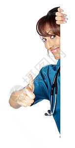 有吸引力的印度妇女孤立在白种背景上边缘微笑护士快乐喜悦医学广告牌女性蓝色医生图片