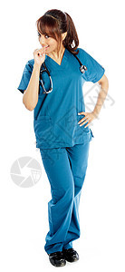 有吸引力的印度妇女孤立在白种背景上护士全科快乐长发学生蓝色专业女性成人微笑图片