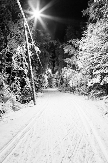 夜间滑雪赛车场黑白照片图片