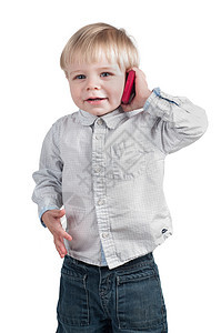 小可爱男孩在电话里说话儿童孩子男生微笑乐趣男性情感童年婴儿牛仔布图片