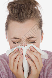 女人吹鼻子女性过敏鼻涕痛苦刺激性女士眼睛组织疾病流感图片