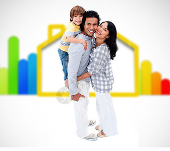 快乐的家庭站在一个节能的插图中图片