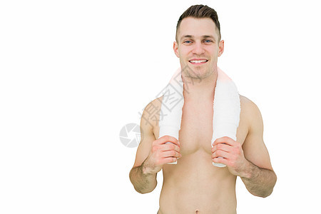 快乐的人的肖像 带着毛巾围在脖子上男人运动身体男性膀子幸福肌肉训练图片