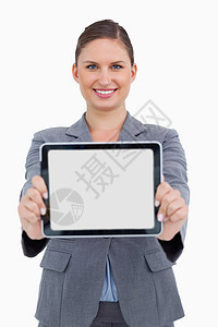 带着数字平板电脑的笑笑女商业妇女的肖像背景图片