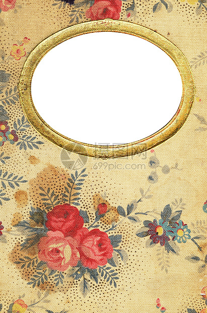 古老花岗花月日封面椭圆形纺织品框架树叶红色黄色日记古董玫瑰织物图片