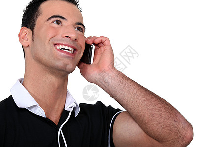 男人在电话里笑脖子马球胶合快乐耳朵筋膜白色风度笑声乐趣图片